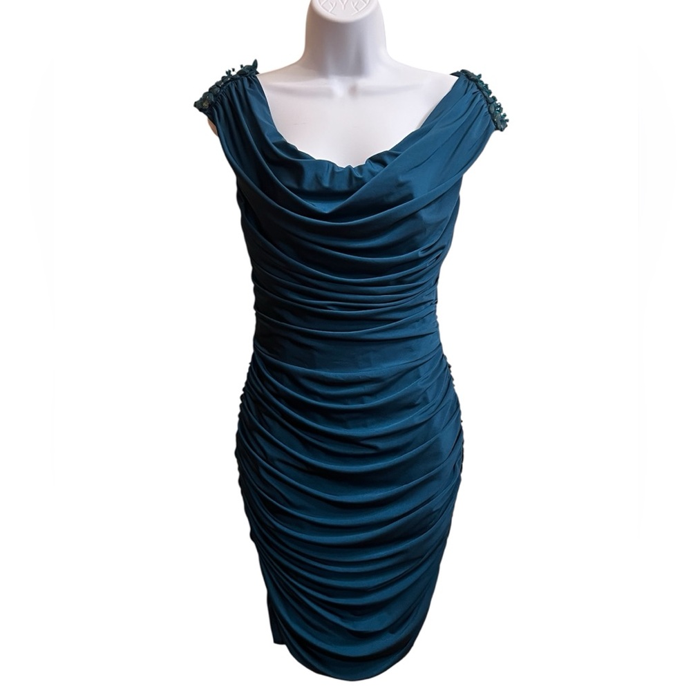 Tadashi Shoji Elegant Teal Ruched Dress Size S